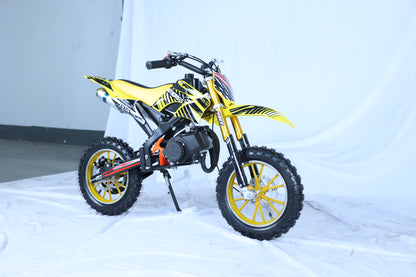 49cc Kids Pit Bike - Twist and Go, No Gears - Yellow Child's Off-Road Dirt Bike - Ages 6-14 - Max Speed 35 km/h - High Strength Steel Frame - Wear-Resistant Tyres