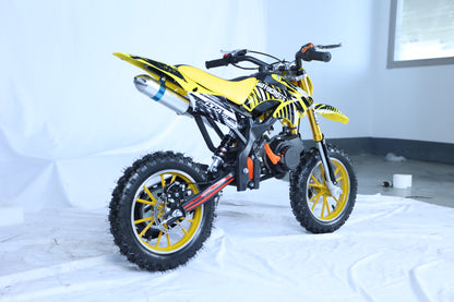 49cc Kids Pit Bike - Twist and Go, No Gears - Yellow Child's Off-Road Dirt Bike - Ages 6-14 - Max Speed 35 km/h - High Strength Steel Frame - Wear-Resistant Tyres