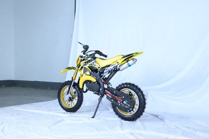 49cc Kids Pit Bike - Twist and Go, No Gears - Yellow Child's Off-Road Dirt Bike - Ages 6-14 - Max Speed 35 km/h - High Strength Steel Frame - Wear-Resistant Tyres