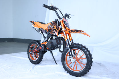 49cc Kids Pit Bike - Twist and Go, No Gears - Orange Child's Off-Road Dirt Bike - Ages 6-14 - Max Speed 35 km/h - High Strength Steel Frame - Wear-Resistant Tyres