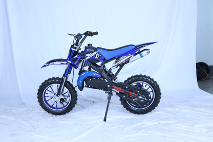 49cc Kids Pit Bike - Twist and Go, No Gears - Blue Child's Off-Road Dirt Bike - Ages 6-14 - Max Speed 35 km/h - High Strength Steel Frame - Wear-Resistant Tyres