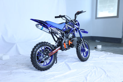 49cc Kids Pit Bike - Twist and Go, No Gears - Blue Child's Off-Road Dirt Bike - Ages 6-14 - Max Speed 35 km/h - High Strength Steel Frame - Wear-Resistant Tyres