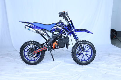 49cc Kids Pit Bike - Twist and Go, No Gears - Blue Child's Off-Road Dirt Bike - Ages 6-14 - Max Speed 35 km/h - High Strength Steel Frame - Wear-Resistant Tyres