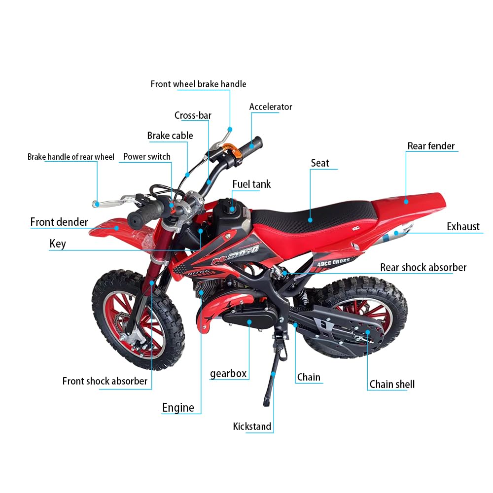 49cc Kids Pit Bike - Twist and Go, No Gears - Red Child's Off-Road Dirt Bike - Ages 6-14 - Max Speed 35 km/h - High Strength Steel Frame - Wear-Resistant Tyres