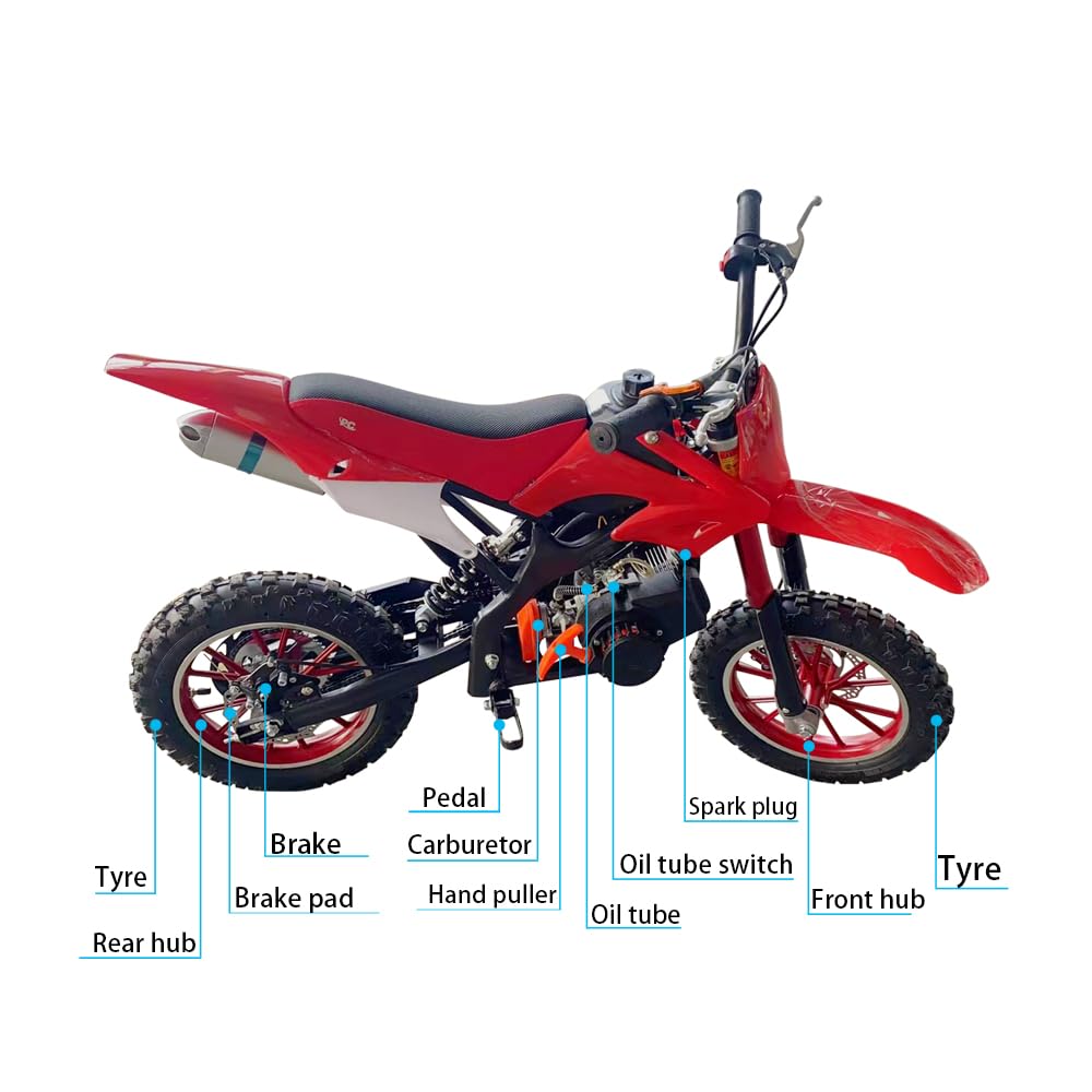 49cc Kids Pit Bike - Twist and Go, No Gears - Red Child's Off-Road Dirt Bike - Ages 6-14 - Max Speed 35 km/h - High Strength Steel Frame - Wear-Resistant Tyres