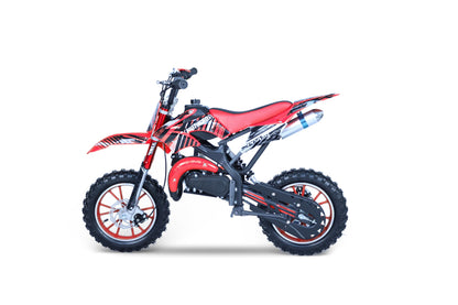 49cc Kids Pit Bike - Twist and Go, No Gears - Red Child's Off-Road Dirt Bike - Ages 6-14 - Max Speed 35 km/h - High Strength Steel Frame - Wear-Resistant Tyres