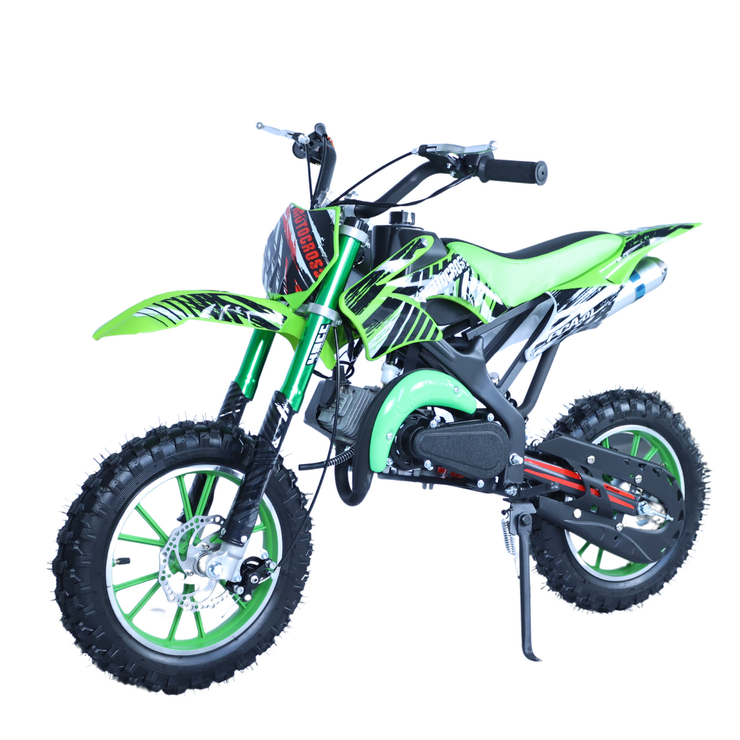 49cc Kids Pit Bike - Twist and Go, No Gears - Green Child's Off-Road Dirt Bike - Ages 6-14 - Max Speed 35 km/h - High Strength Steel Frame - Wear-Resistant Tyres