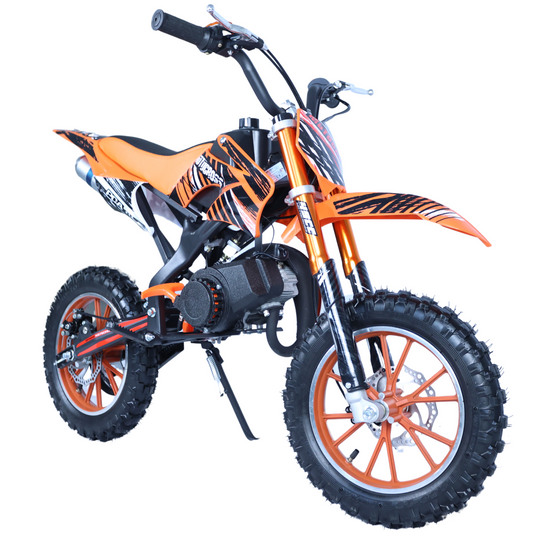 49cc Kids Pit Bike - Twist and Go, No Gears - Orange Child's Off-Road Dirt Bike - Ages 6-14 - Max Speed 35 km/h - High Strength Steel Frame - Wear-Resistant Tyres