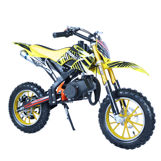 49cc Kids Pit Bike - Twist and Go, No Gears - Yellow Child's Off-Road Dirt Bike - Ages 6-14 - Max Speed 35 km/h - High Strength Steel Frame - Wear-Resistant Tyres